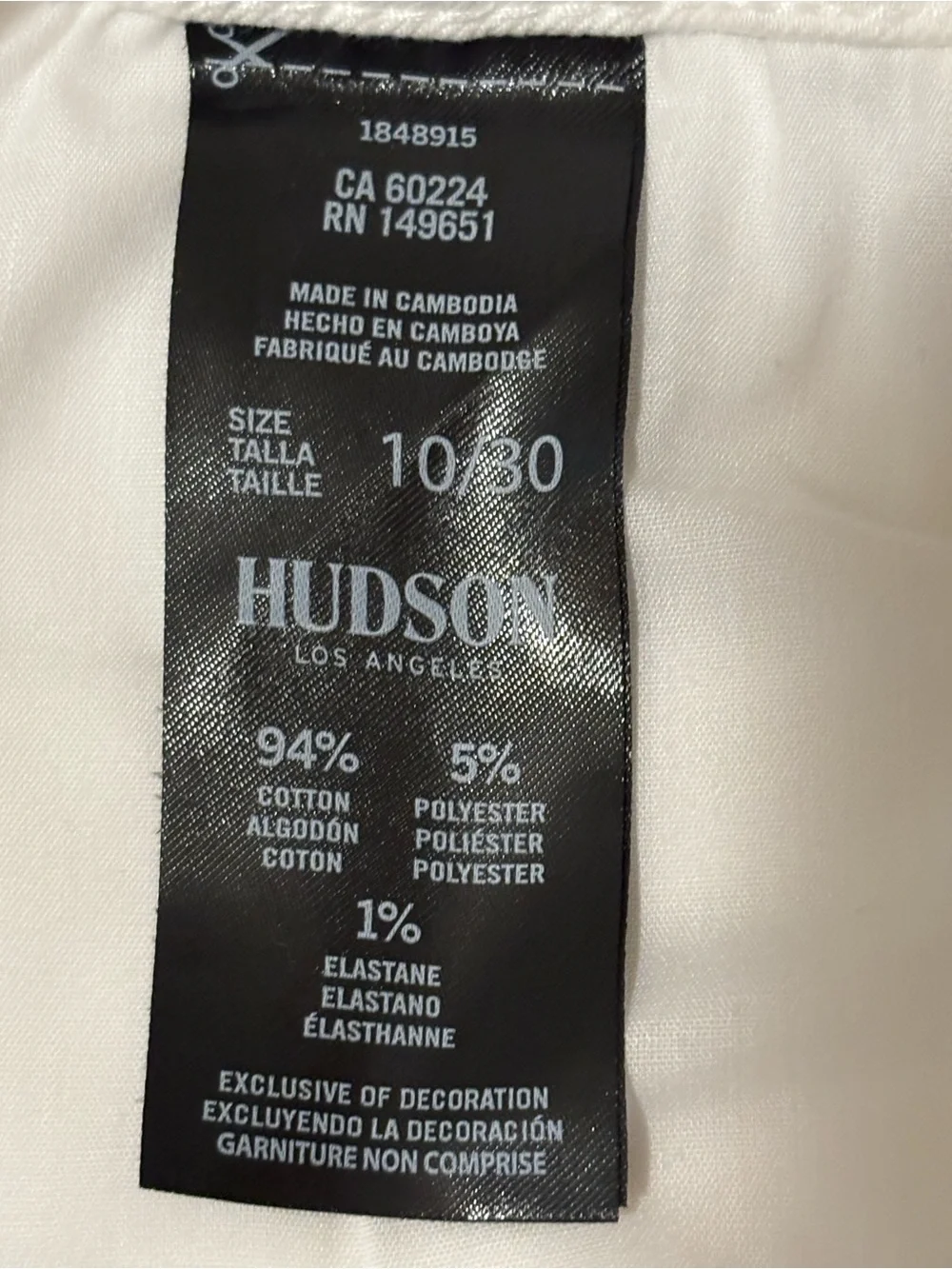 Hudson Jeans White Five Pocket Cotton Cuffed Denim Shorts, women’s size 10